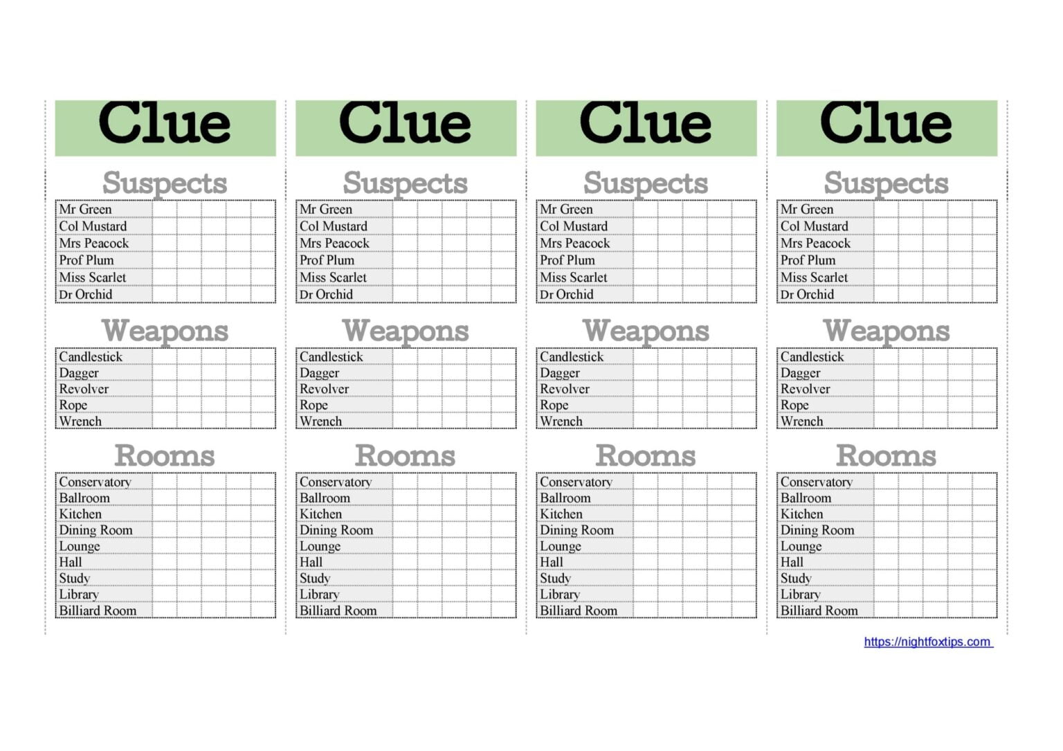 Clue Score Sheets To Print For Free In PDF Night Fox Tips