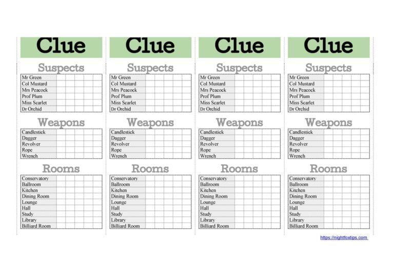 Clue Score Sheets to print for free in PDF Night Fox Tips