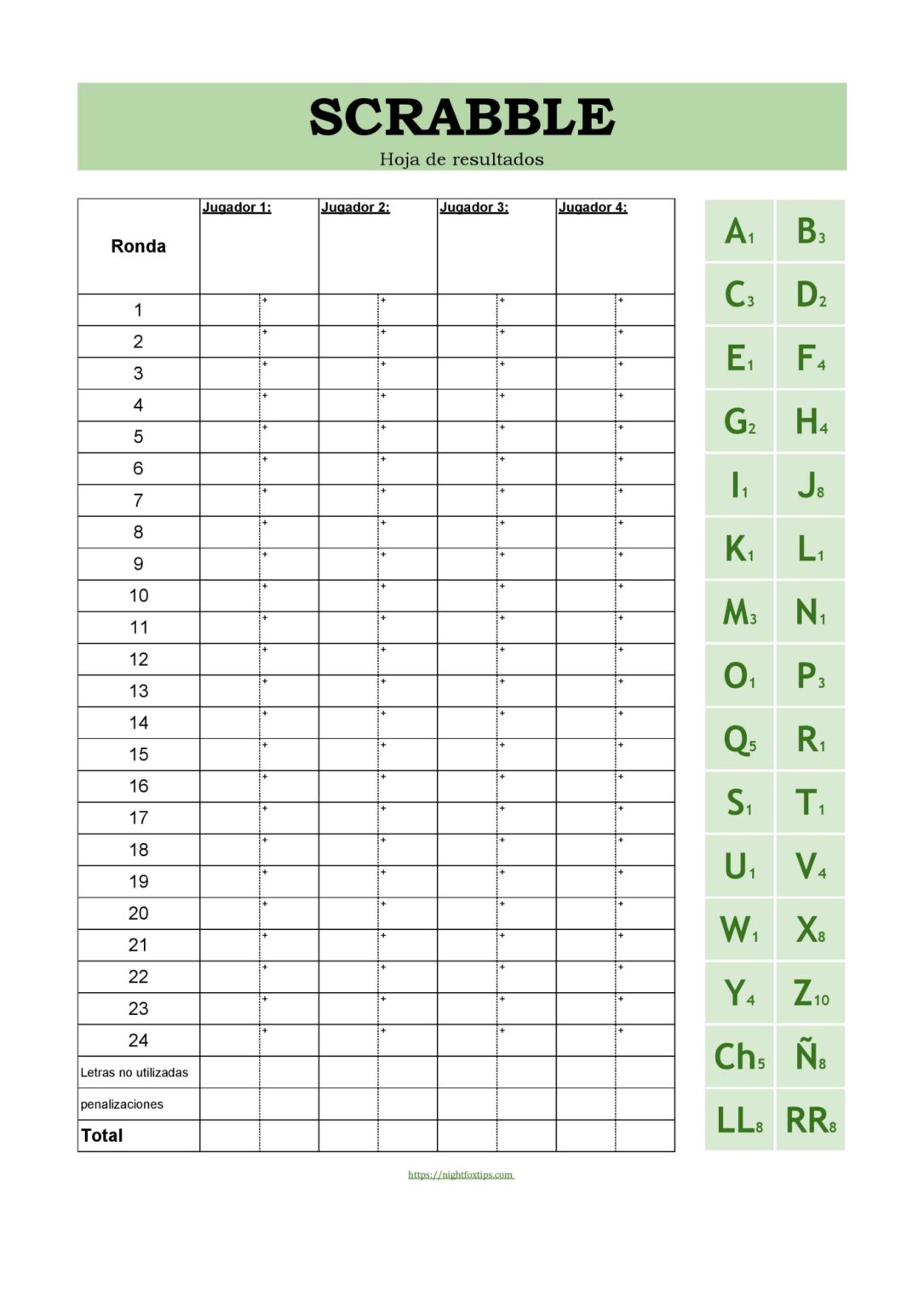 Hoja De Resultados De Scrabble Para Imprimir Gratis Night Fox Tips