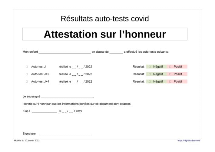 Modele attestation sur l honneur resultat auto-test covid