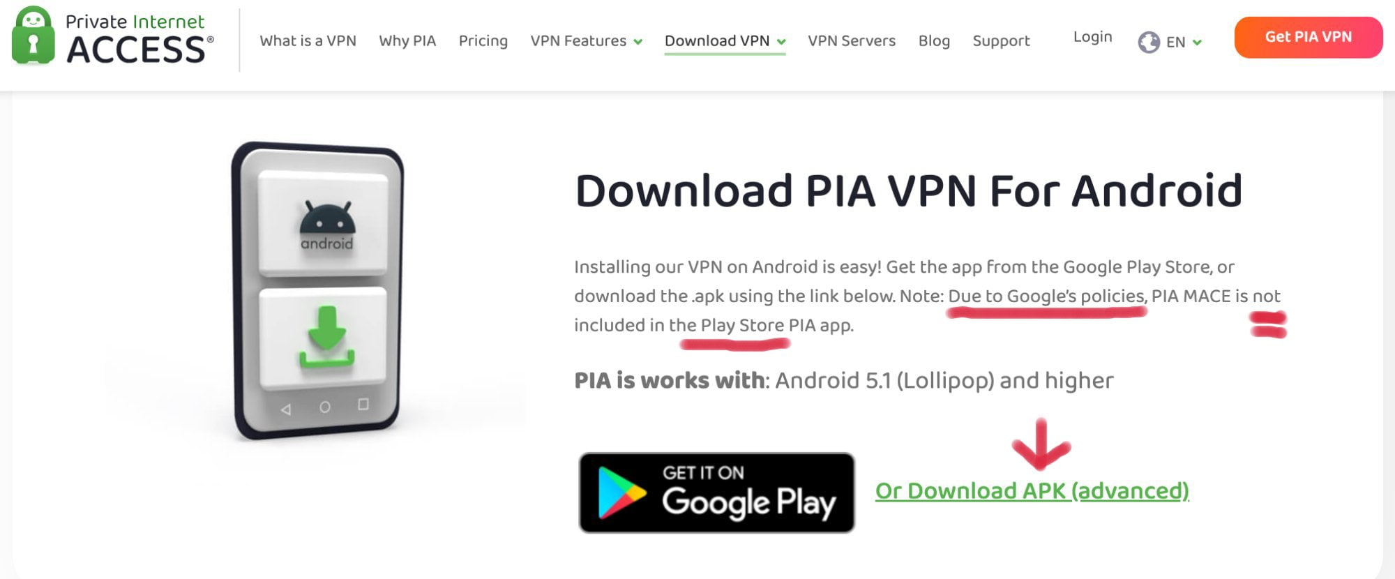 PIA VPN MACE APK highlighted