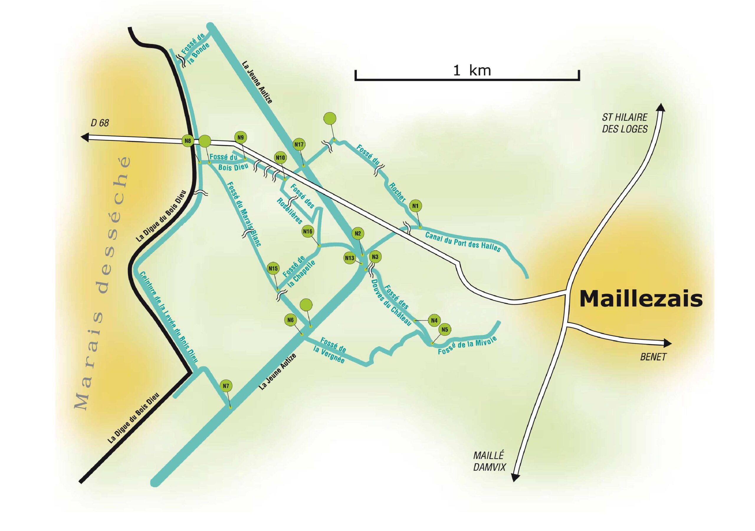Plan du Marais Poitevin Maillezais Abbaye bleu