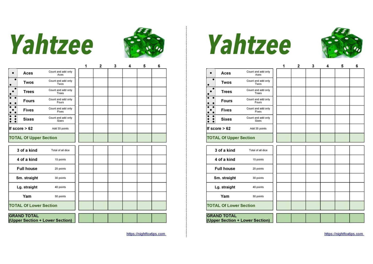 Yahtzee score card to download and print for free Night Fox Tips