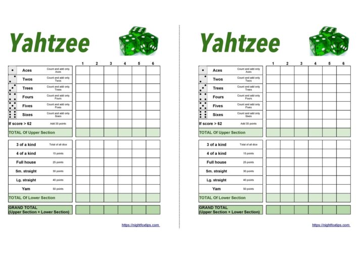 Yahtzee score card