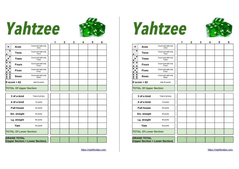 Yahtzee score card to download and print for free - Night Fox Tips