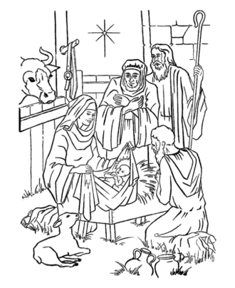 Christmas nativity scene coloring with shepherds