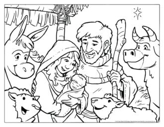 Christmas Nativity scene coloring with animals
