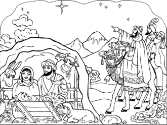 Christmas nativity scene coloring with the Magi